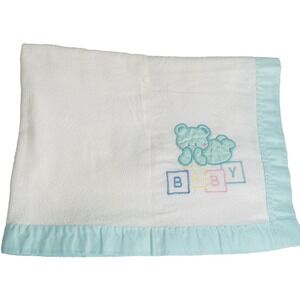 Vintage Cuddle Time Baby Blanket Bear Building Blocks Applique White Aqua Trim